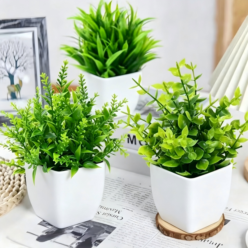 Desk Setup Shelves - Mini Artificial Potted Plants White Pot