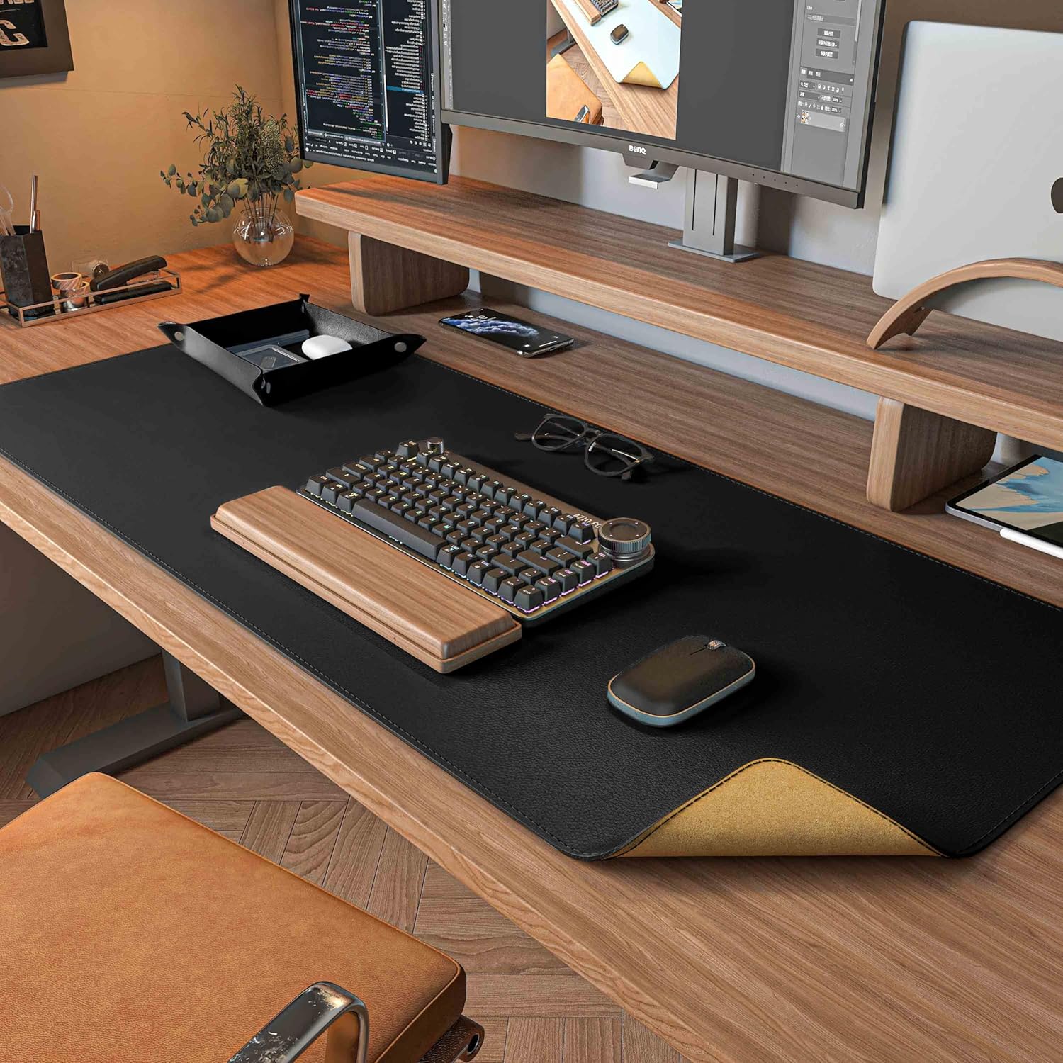Desk Setup Gadgets - Dual Sided Desk Mat,Leather Desk Pad,Black
