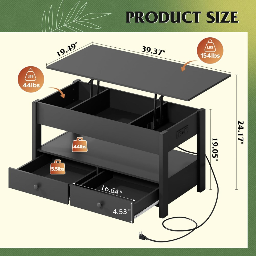 WLIVE Black Lift Top Coffee Ta - Desk Setup Shelves บทวิจารณ์และราคา